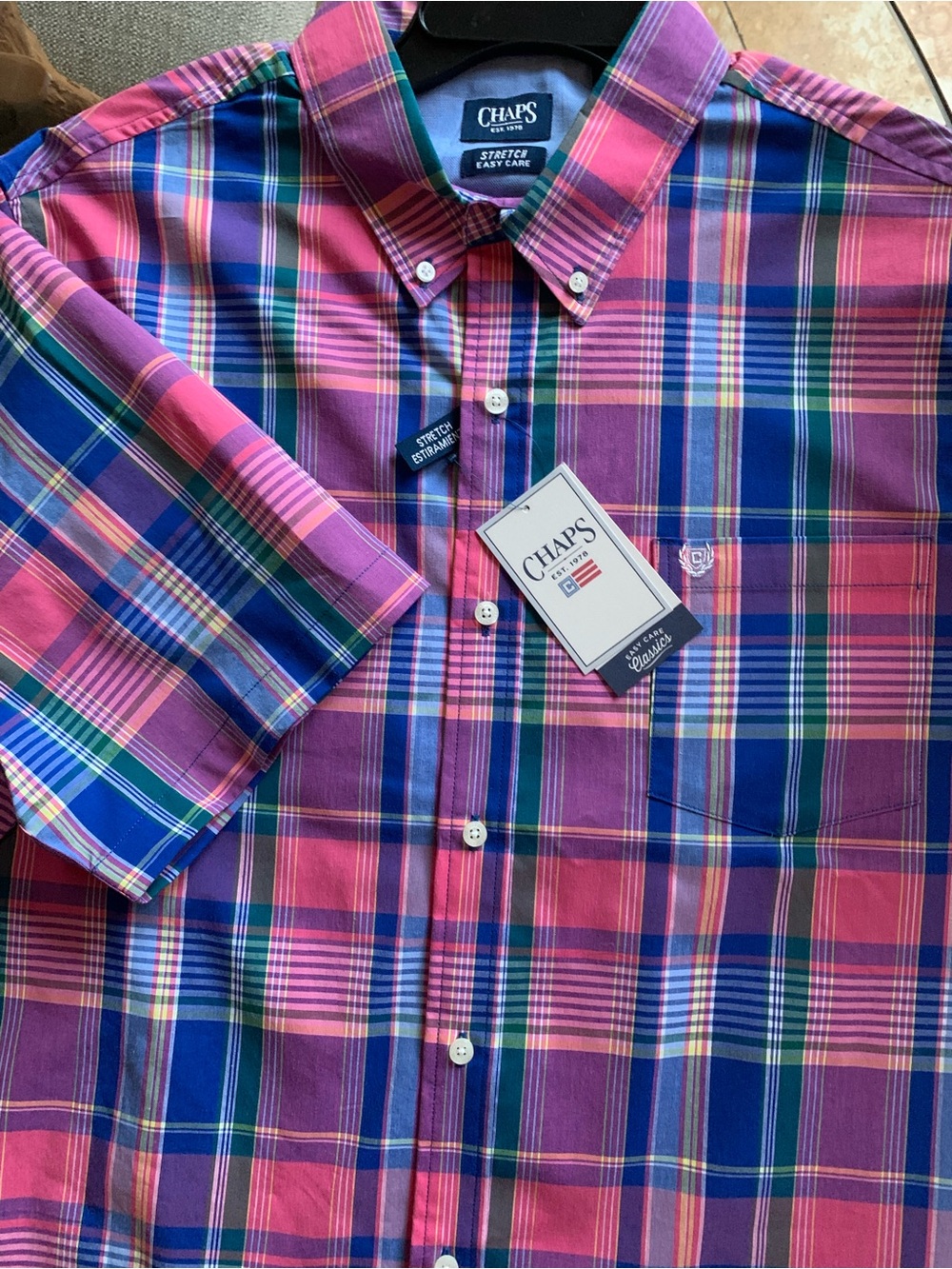 Chaps Men’s Pink, Blue & Green Plaid Button-Down Shirt